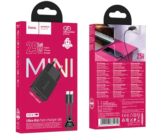 СЗУ Hoco N74 Speed ultra-thin PD25W (1USB-C) + кабель Type-C to Type-C Black