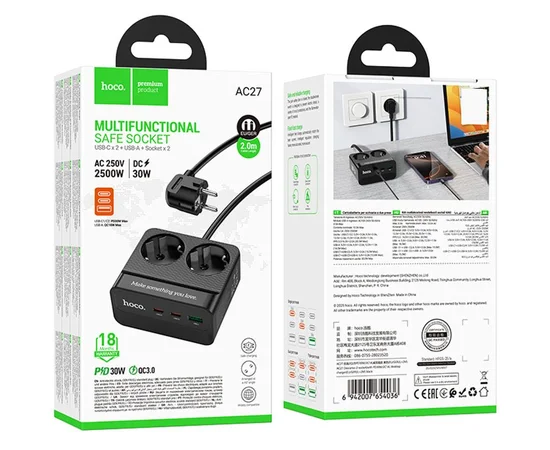 Удлинитель Hoco AC27 Descanso (PD30W/2C/1A/2xSocket) (2m) Black