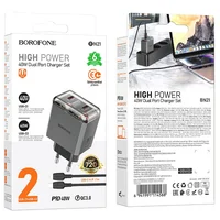 СЗУ Borofone BN21 Lena PD40W+QC3.0 (2USB-C) + кабель Type-C to Lightning Metal gray