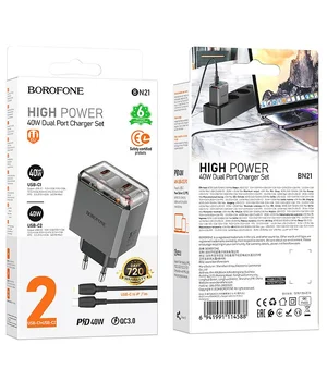 СЗУ Borofone BN21 Lena PD40W+QC3.0 (2USB-C) + кабель Type-C to Lightning Metal gray