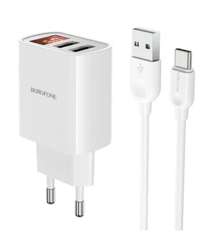 СЗУ Borofone BA58A with digital display 2.4A (2USB-A) + кабель USB для Type-C White