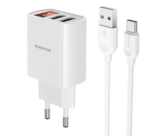 СЗУ Borofone BA58A with digital display 2.4A (2USB-A) + кабель USB для Type-C White