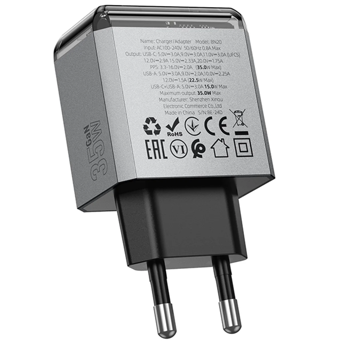 СЗУ Borofone BN20 Lena PD35W+QC3.0 (1USB-A/1C) Metal gray