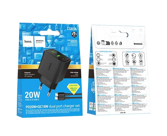 СЗУ Hoco CS83A Excellent with digital display PD20W+QC3.0 (1USB-A/1C) + кабель Type-C to Type-C Black