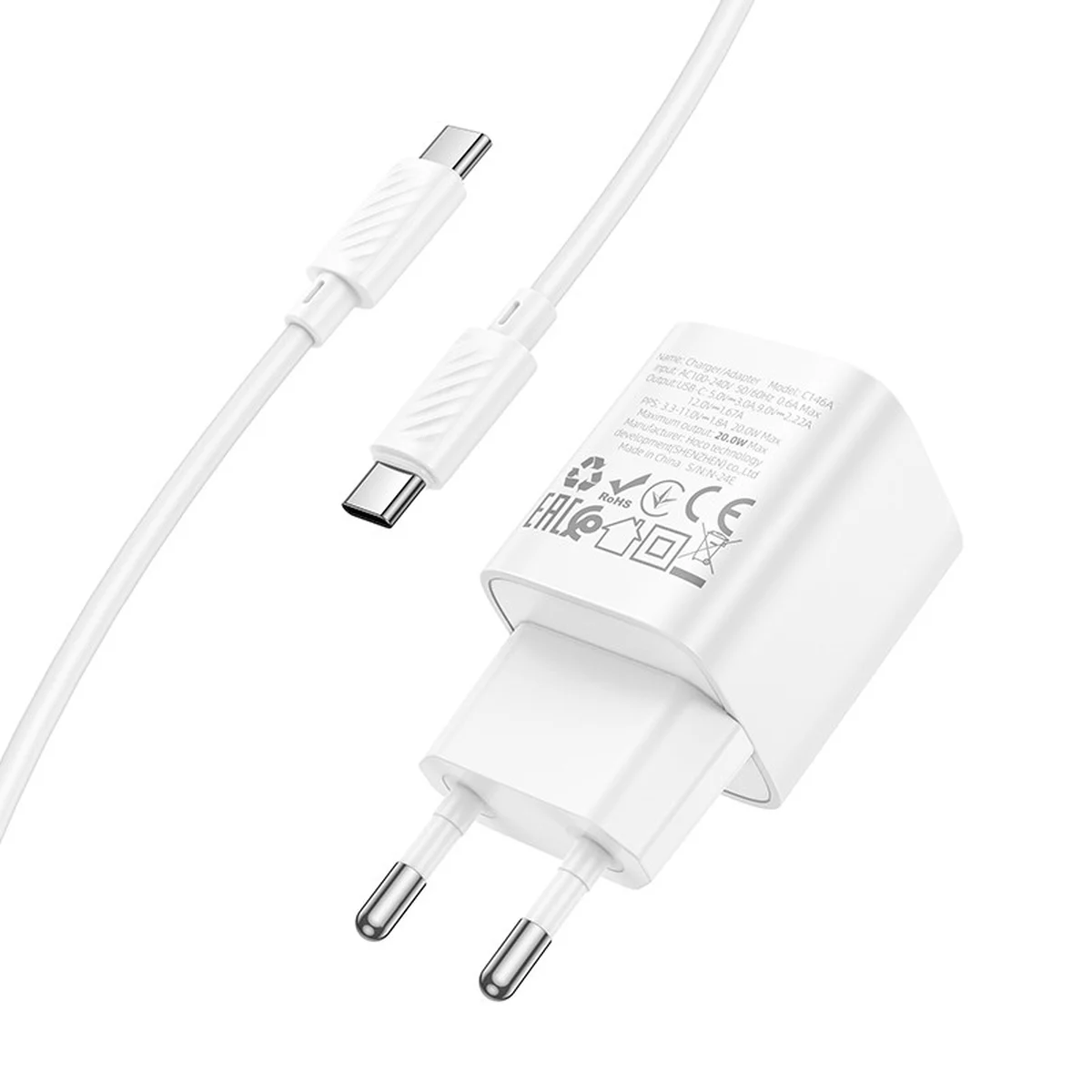 СЗУ Hoco C146A Charm PD20W (1USB-C) + кабель Type-C to Type-C White