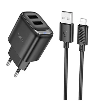 СЗУ Hoco C141A Smart 2.1A (2USB-A) + кабель USB to Lightning Black