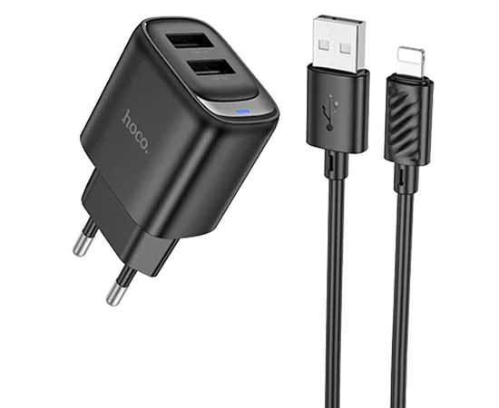 СЗУ Hoco C141A Smart 2.1A (2USB-A) + кабель USB to Lightning Black