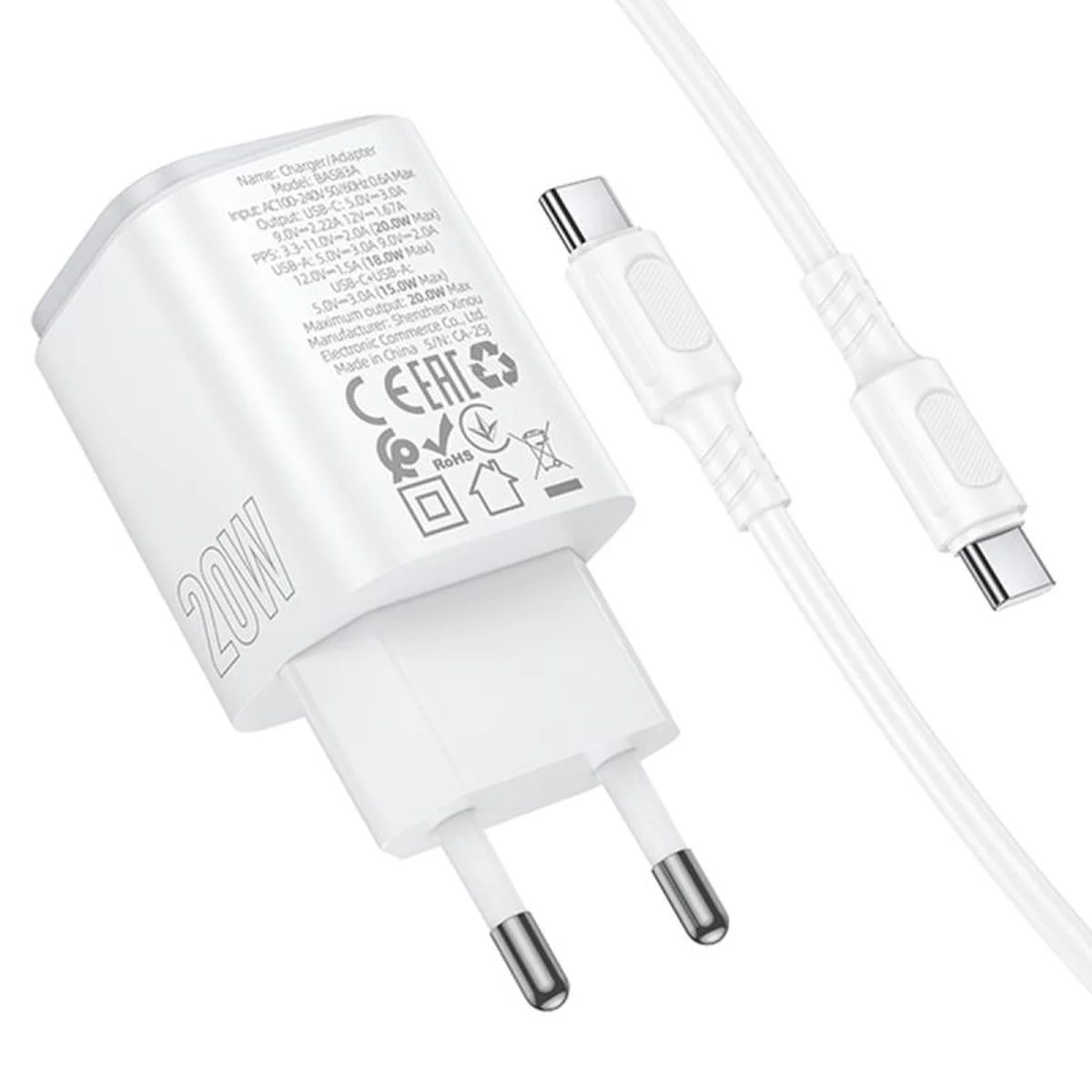 СЗУ Borofone BAS83A Star PD20W+QC3.0 (1USB-A/1C) + кабель Type-C to Type-C White