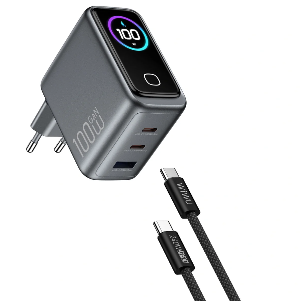 СЗУ WIWU CHG300 Voyager PD100W+QC3.0 (1USB-A/2C) + кабель Type-C to Type-C Grey