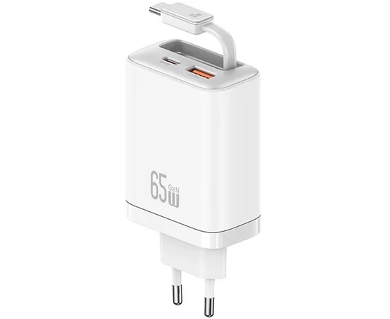 СЗУ Usams US-CC299 GaN With Retractable Type-C Cable Xiang Ser. 65W (1USB-A/1C) White
