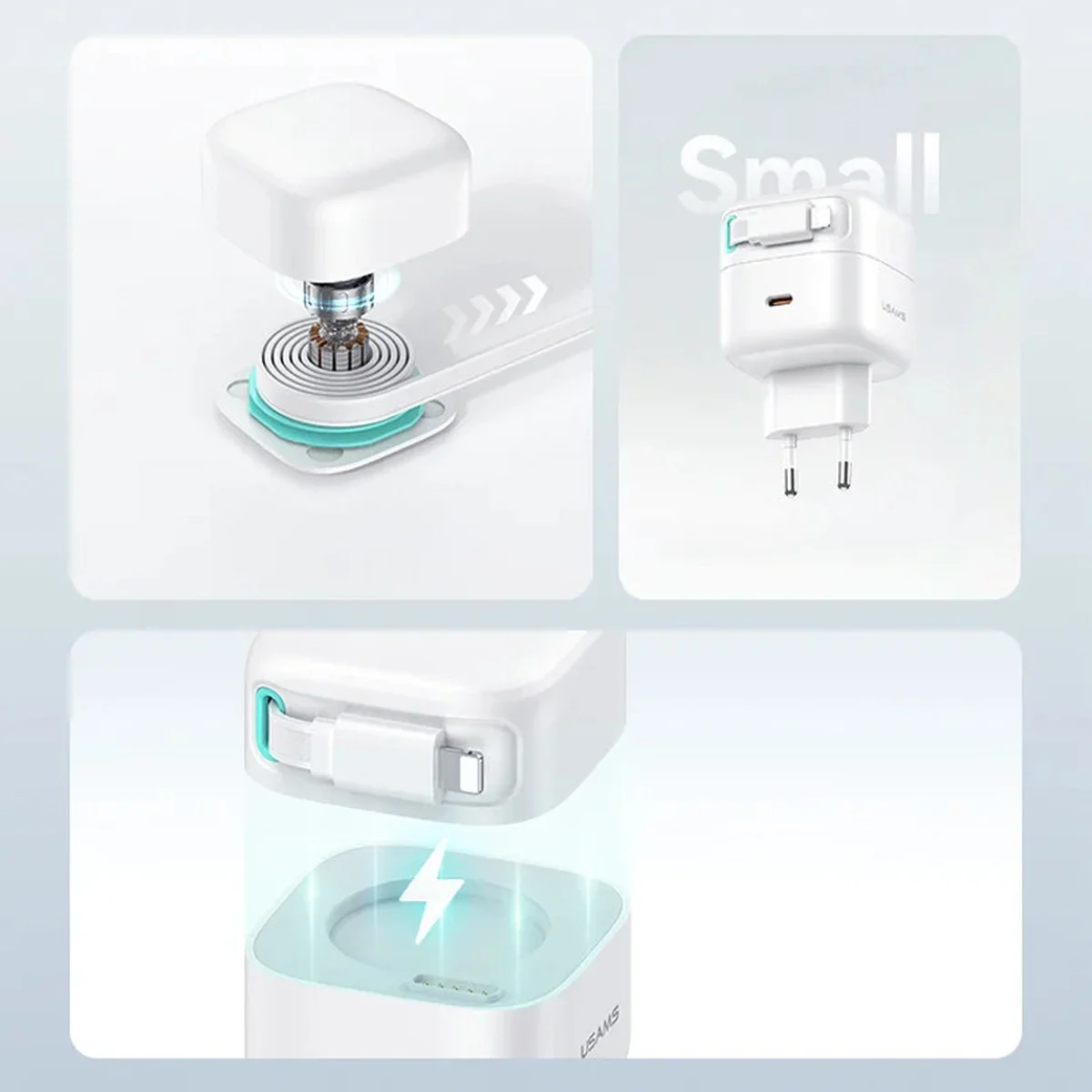 СЗУ Usams US-CC209 GaN With Lightning Magnetic Retractable Cable Module XMF Ser. 35W (2USB-C) White