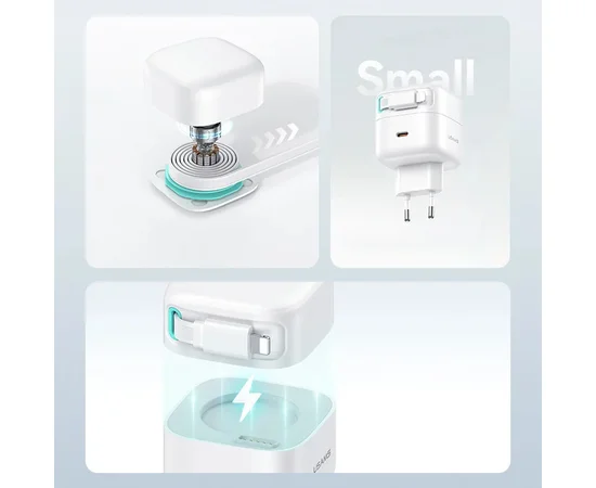 СЗУ Usams US-CC209 GaN With Lightning Magnetic Retractable Cable Module XMF Ser. 35W (2USB-C) White