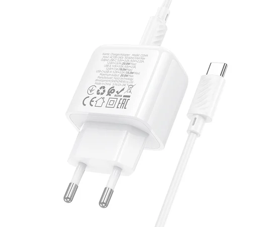 СЗУ Hoco CS54A Surplus PD20W+QC3.0 (1USB-A/1C) + кабель Type-C to Type-C White