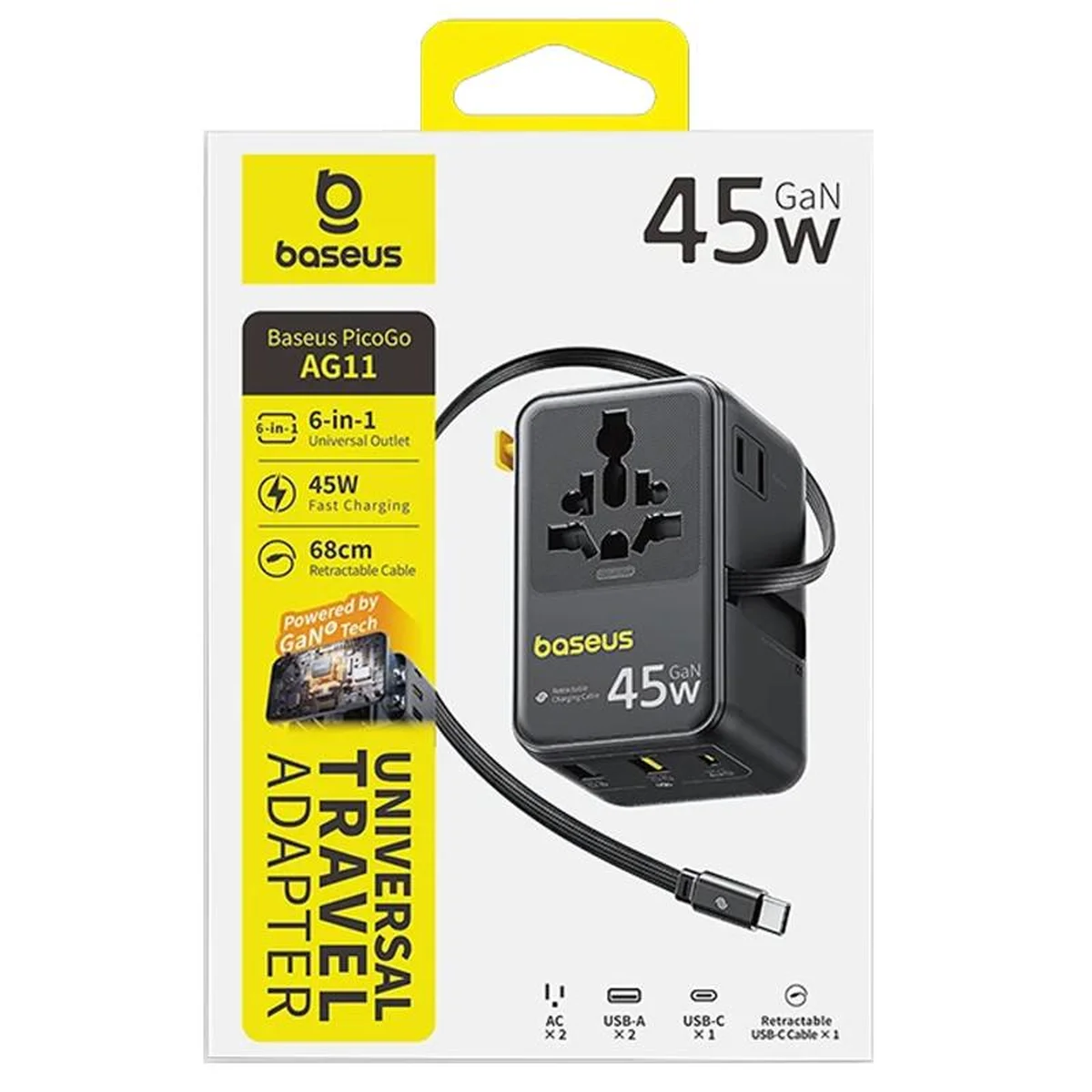 Сетевой универсальный переходник Baseus AG11 45W with retractable cable (2USB-A/1C/1Socket) (E0307F) Cosmic Black