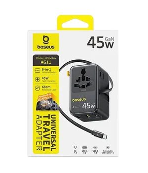 Сетевой универсальный переходник Baseus AG11 45W with retractable cable (2USB-A/1C/1Socket) (E0307F) Cosmic Black