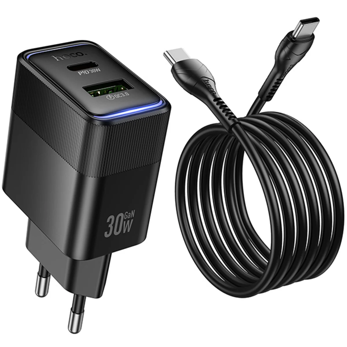СЗУ Hoco CS112A Lounge PD30W+QC3.0 (1USB-A/1C) + кабель Type-C to Type-C Black