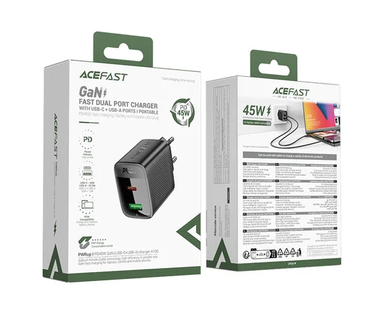 СЗУ Acefast A106 GaN PD45W (1USB-A/1C) Black