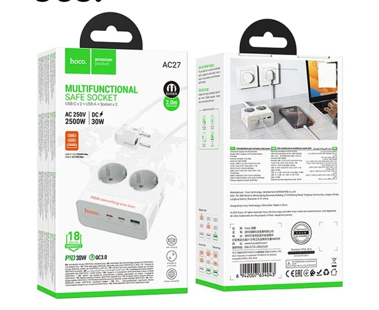 Подовжувач Hoco AC27 Descanso (PD30W/2C/1A/2xSocket) (2m) White