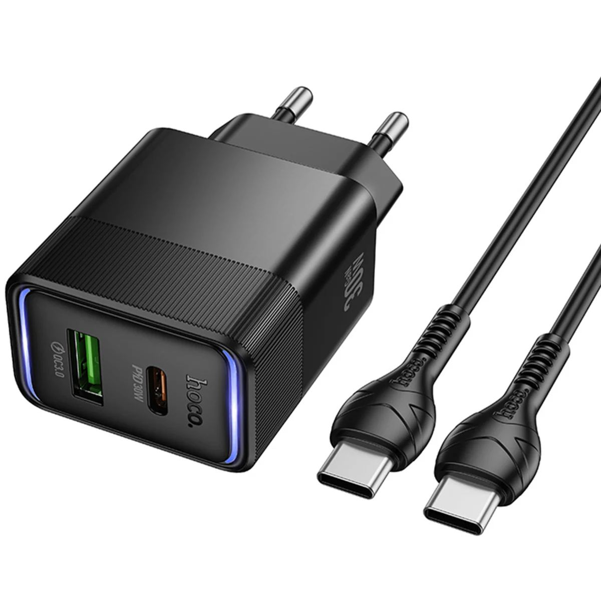 СЗУ Hoco CS112A Lounge PD30W+QC3.0 (1USB-A/1C) + кабель Type-C to Type-C Black