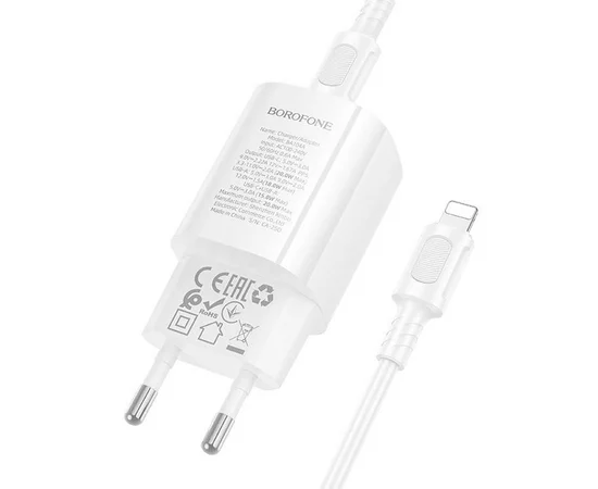 СЗУ Borofone BA104A Pudding PD20W+QC3.0 (1USB-A/1C) + кабель Type-C to Lightning White