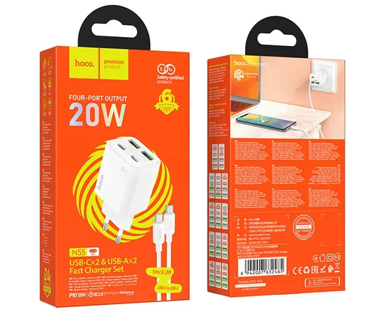 СЗУ Hoco N55 Fundador PD20W four-port (2USB-A/2C) + Type-C to Type-C White