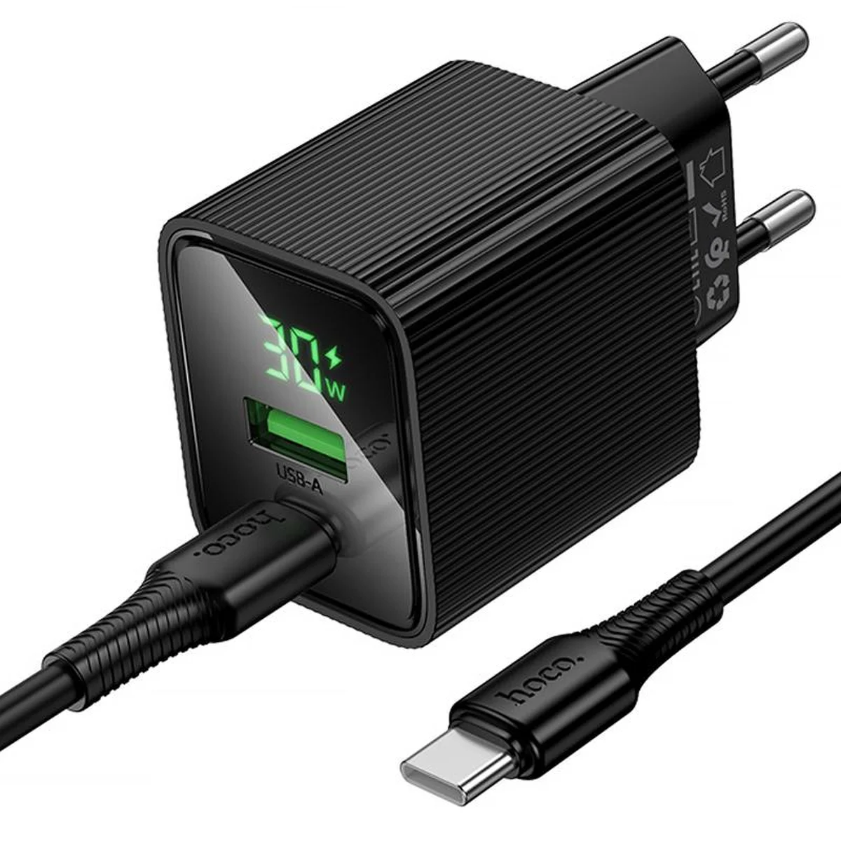 СЗУ Hoco CS84A Excellent with digital display PD30W+QC3.0 (1USB-A/1C) + кабель Type-C to Type-C Black
