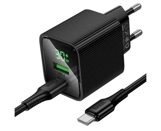 СЗУ Hoco CS84A Excellent with digital display PD30W+QC3.0 (1USB-A/1C) + кабель Type-C to Type-C Black