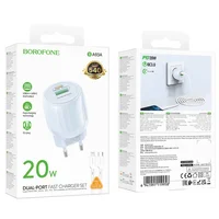 СЗУ Borofone BA93A Lustrous PD20W+QC3.0 (1USB-A/1C) + кабель Type-C to Lightning Blue