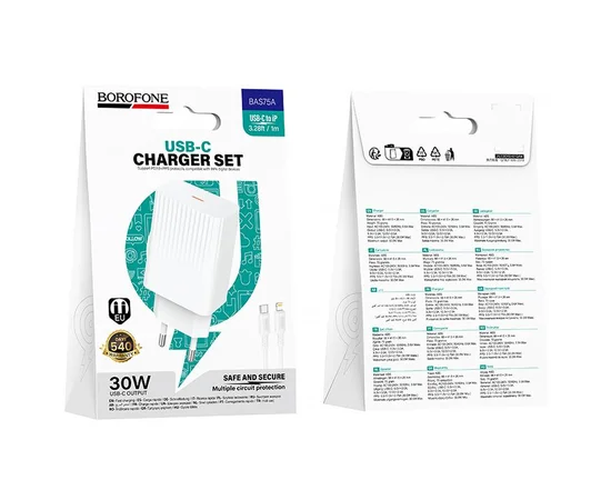 СЗУ Borofone BAS75A Source PD30W (1USB-C) + кабель Type-C to Lightning White