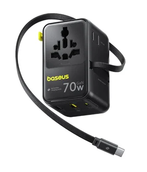 Мережевий універсальний перехідник Baseus CG11 70W with retractable cable (2USB-A/3C/1Socket) (E0307E) Cosmic Black
