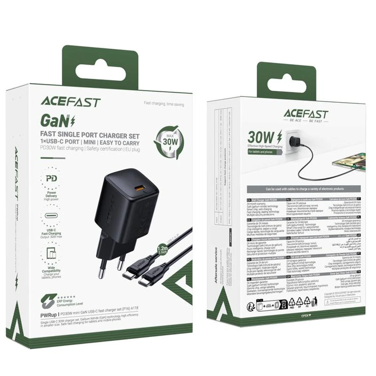 СЗУ Acefast A118 PD30W GaN (1USB-C) + кабель Type-C to Type-C Black