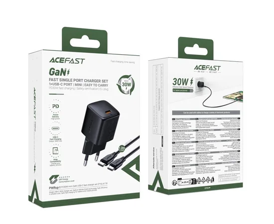СЗУ Acefast A118 PD30W GaN (1USB-C) + кабель Type-C to Type-C Black
