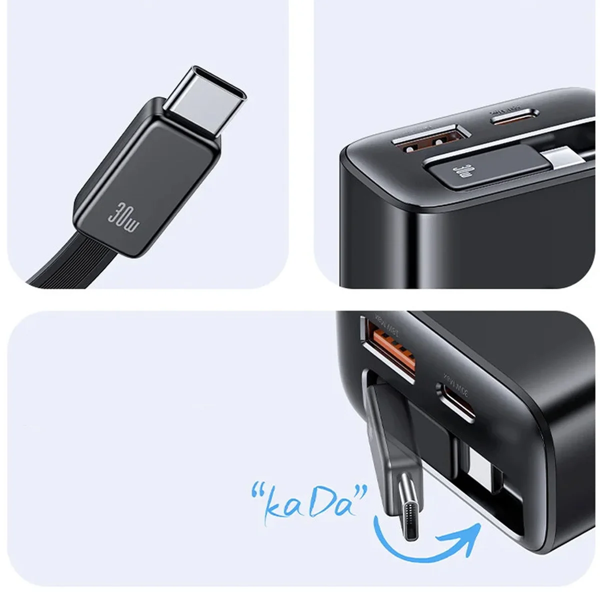 СЗУ Usams US-CC296 GaN With Retractable Type-C Cable Xiang Ser. 30W (1USB-A/1C) Black