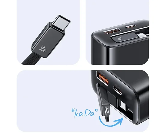 СЗУ Usams US-CC296 GaN With Retractable Type-C Cable Xiang Ser. 30W (1USB-A/1C) Black