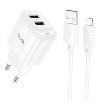 СЗУ Hoco C141A Smart 2.1A (2USB-A) + кабель USB to Lightning White