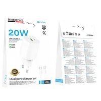 СЗУ Borofone BA104A Pudding PD20W+QC3.0 (1USB-A/1C) + кабель Type-C to Type-C White