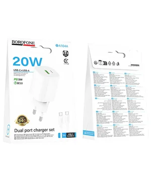 СЗУ Borofone BA104A Pudding PD20W+QC3.0 (1USB-A/1C) + кабель Type-C to Type-C White
