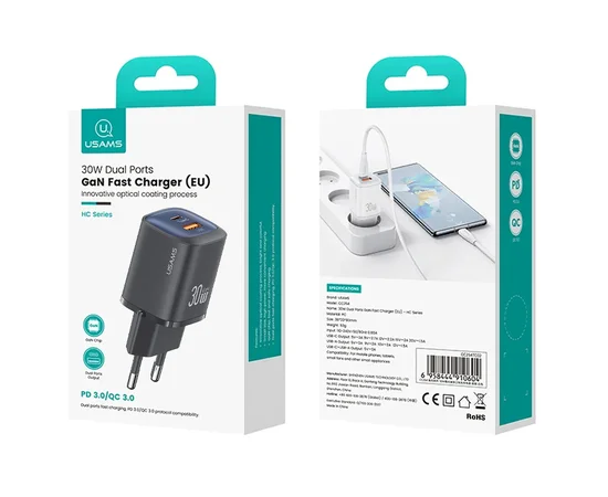 СЗУ Usams US-CC254 GaN HC Ser. 30W (1USB-A/1C) Black