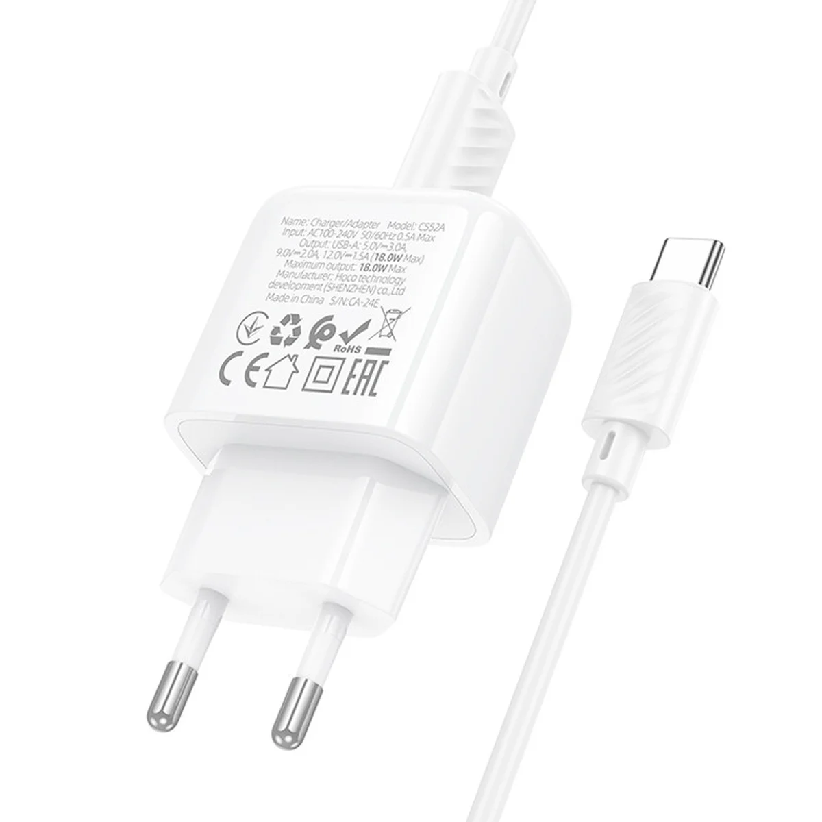 СЗУ Hoco CS52A Surplus QC3.0 (1USB-A) + кабель USB to Type-C White