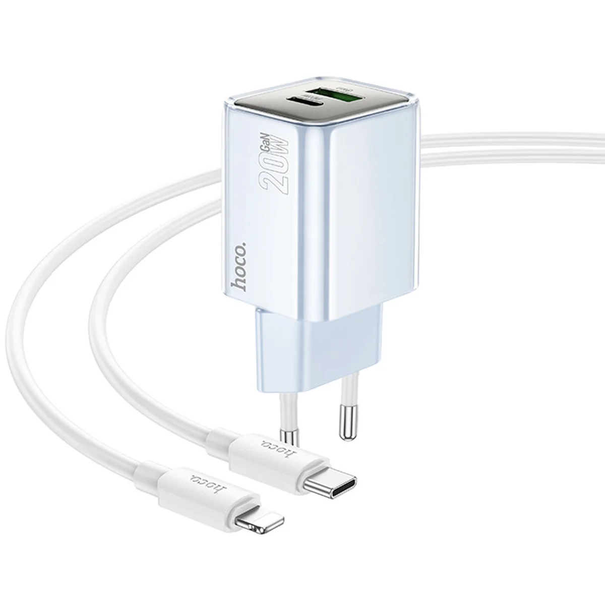 СЗУ Hoco N46 Glorious PD20W+QC3.0 (1USB-A/1C) + Type-C to Lightning Blue
