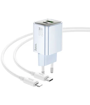 СЗУ Hoco N46 Glorious PD20W+QC3.0 (1USB-A/1C) + Type-C to Lightning Blue