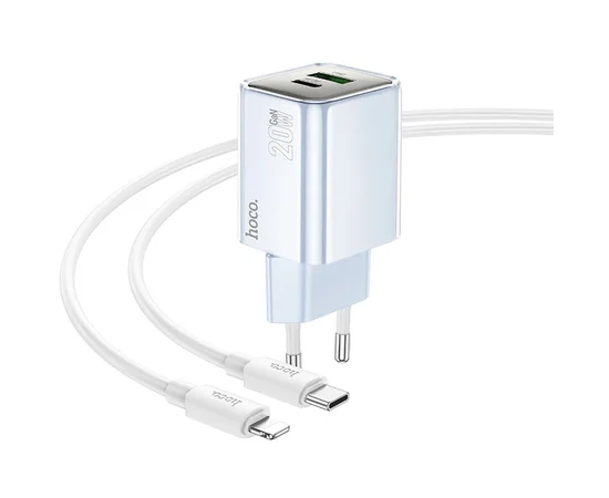 СЗУ Hoco N46 Glorious PD20W+QC3.0 (1USB-A/1C) + Type-C to Lightning Blue