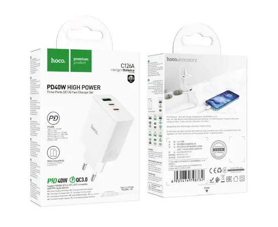 СЗУ Hoco C126A PD40W+QC3.0 (1USB/2Type-C) + Type-C to Lightning White