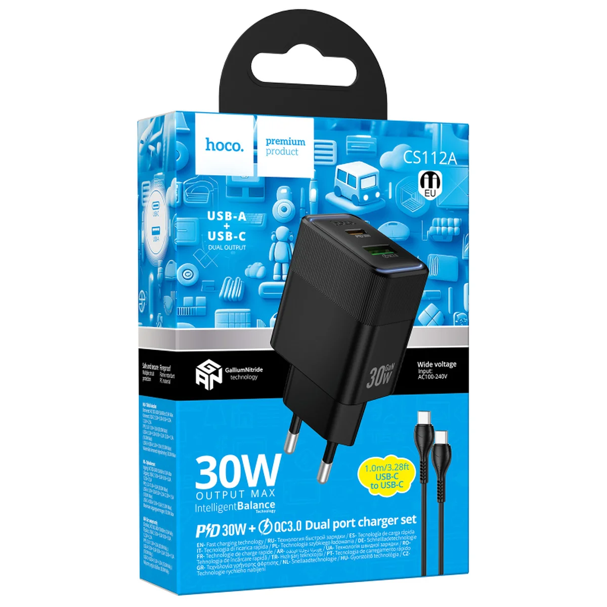 СЗУ Hoco CS112A Lounge PD30W+QC3.0 (1USB-A/1C) + кабель Type-C to Type-C Black
