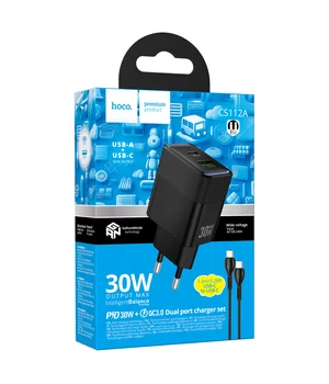 СЗУ Hoco CS112A Lounge PD30W+QC3.0 (1USB-A/1C) + кабель Type-C to Type-C Black