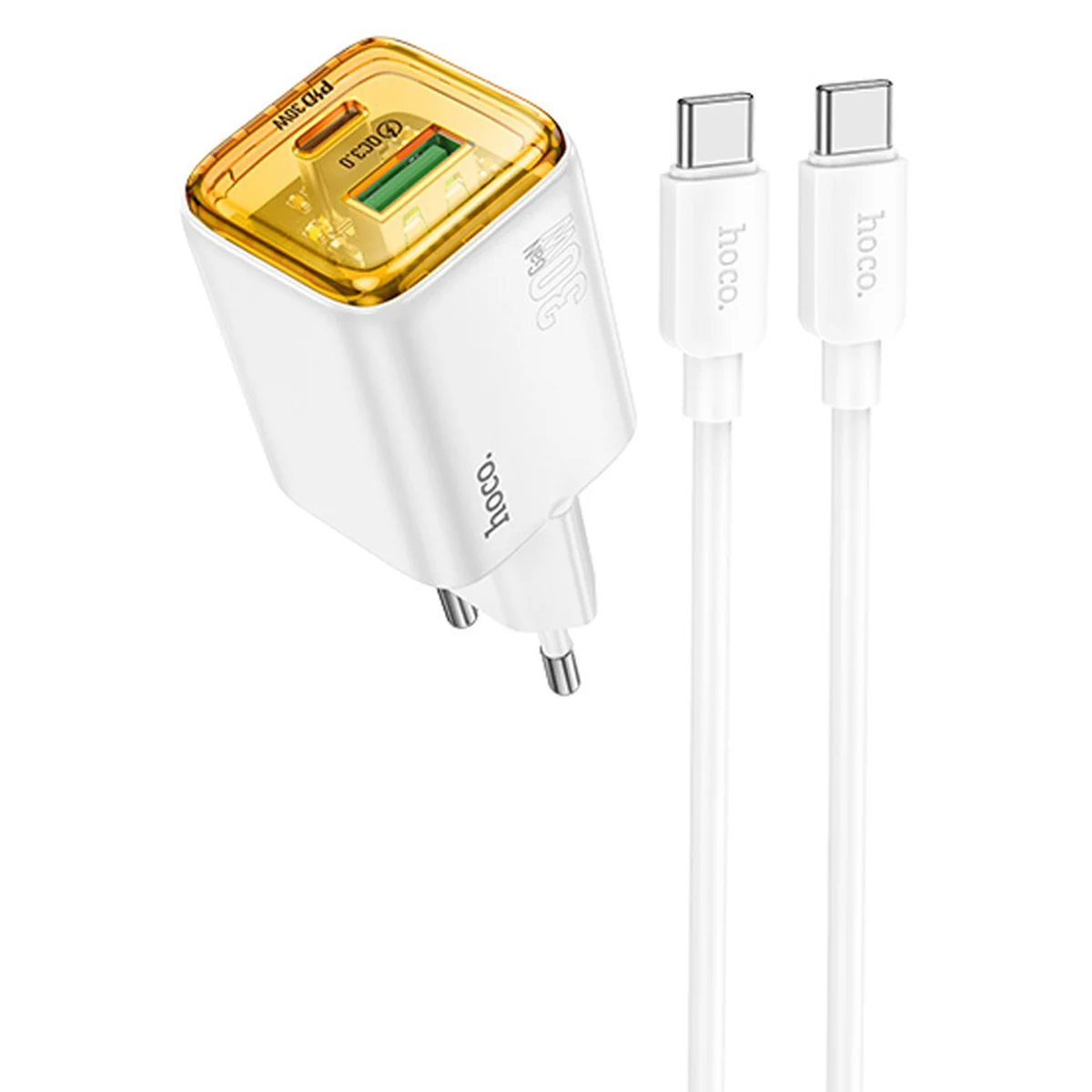 СЗУ Hoco N53 Monsoon PD30W+QC3.0 (1USB-A/1C) + Type-C to Type-C White