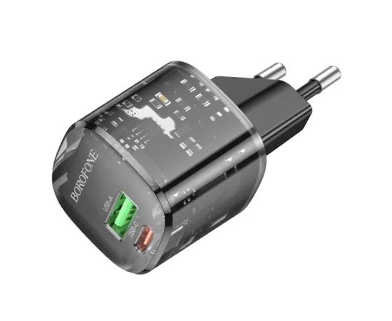 СЗУ Borofone BN17 Sunlight PD20W+QC3.0 (1USB-A/1C) + кабель Type-C to Type-C Transparent black