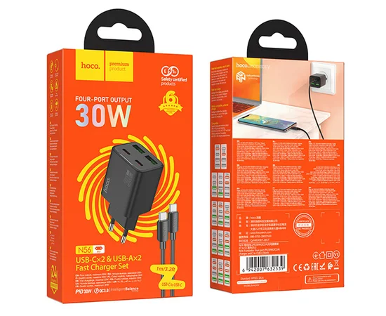СЗУ Hoco N56 Fundador PD30W four-port (2USB-A/2C) + кабель Type-C to Type-C Black