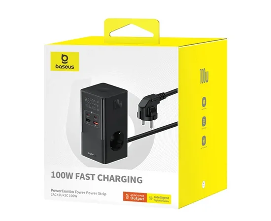 СЗУ Baseus PowerCombo Tower PowerStrip 100W (2USB-A/2C/2Socket) (1.5m) (E00023609113-00) Cluster Black
