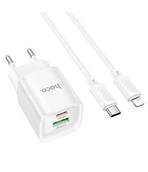 СЗУ Hoco C147A PD20W+QC3.0 (1USB-A/1C) + кабель Type-C to Lightning White
